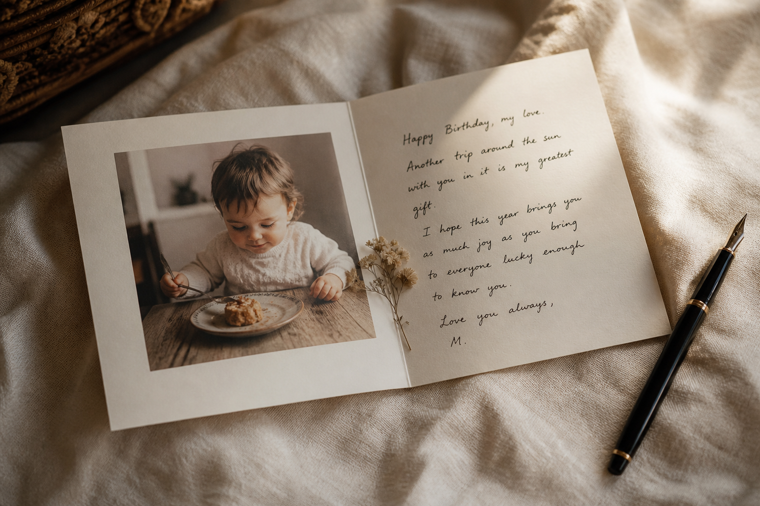 Open birthday card with photo and handwritten note