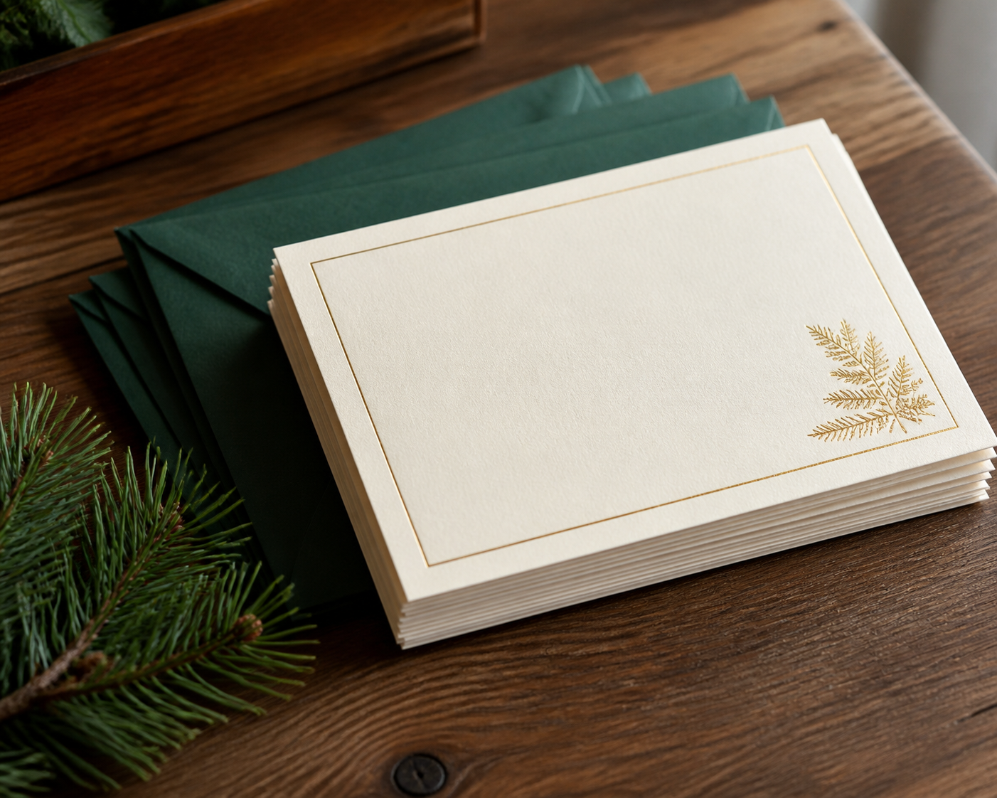 Holiday card set with forest-green envelopes