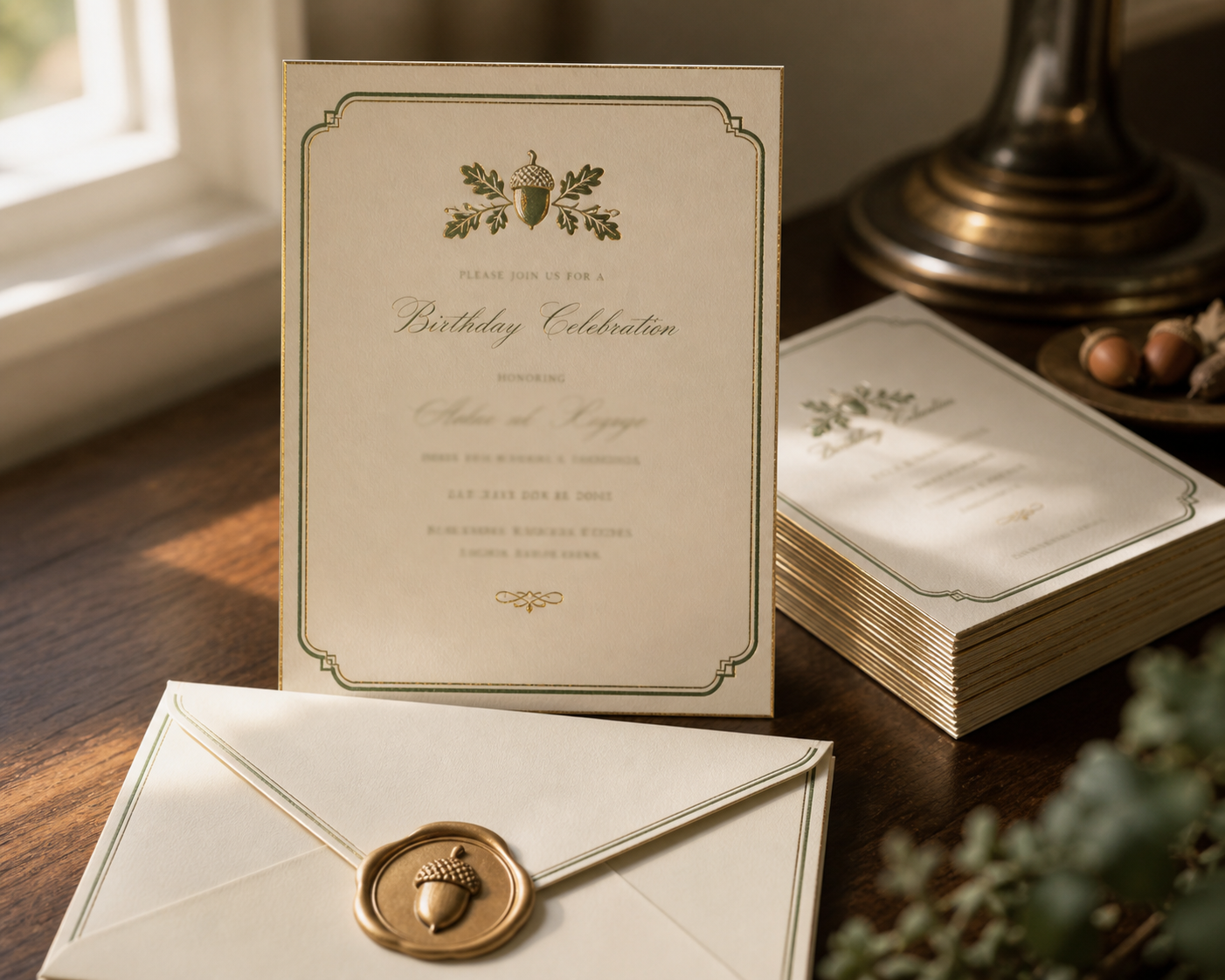 Birthday invitation suite with acorn wax seal